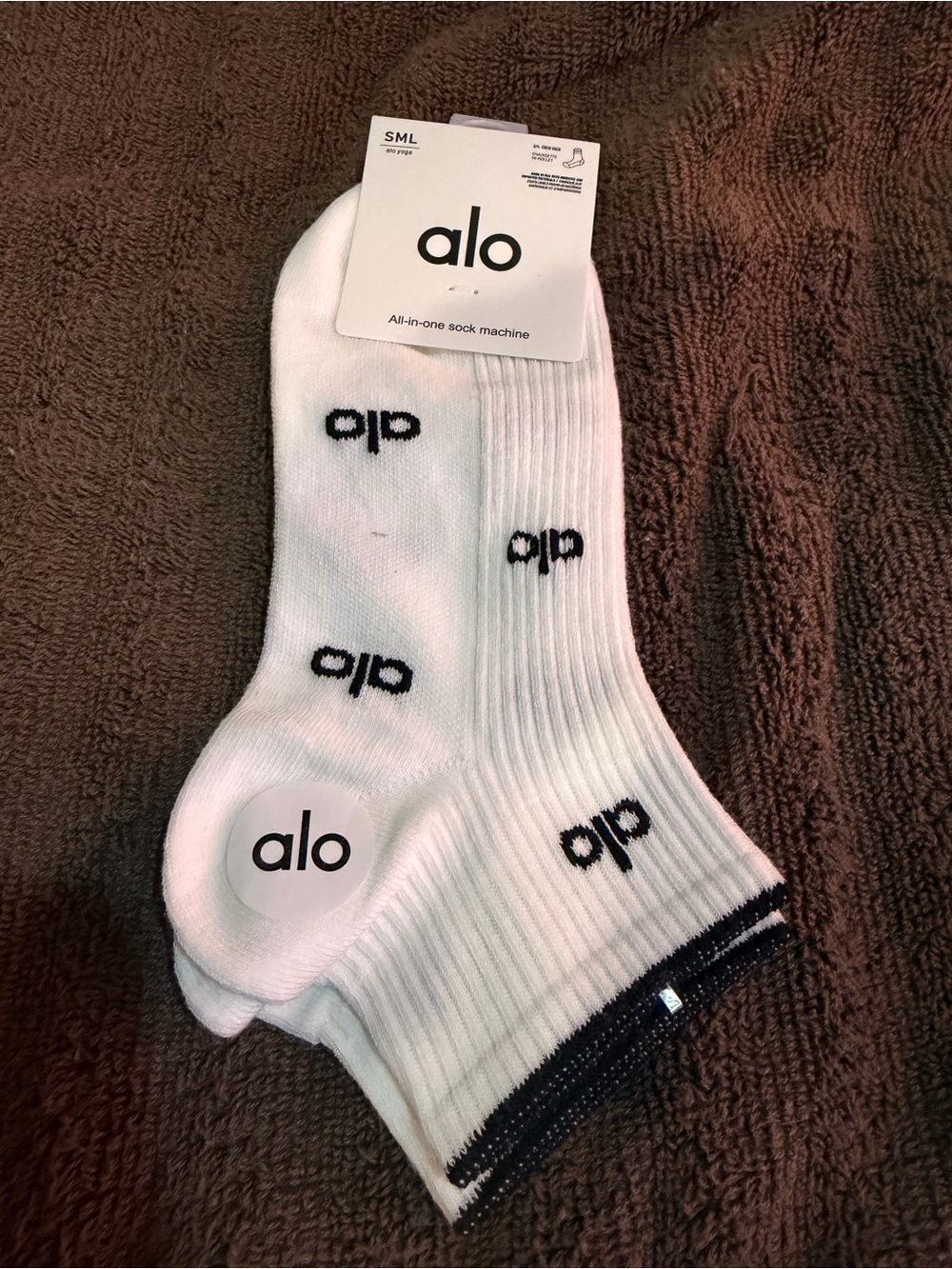 ALO Yoga White Crew Athletic Socks with Black Logo Accents